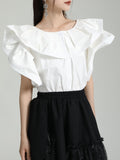 Momentlover Split-Joint Solid Color Pleated Falbala Short Sleeves Loose Round-Neck Blouses