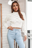 Momentlover Openwork Plaid Round Neck Cropped Sweater