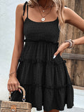 Momentlover A-Line High Waisted Backless Jacquard Solid Color Split-Joint Tied U-Neck Mini Dresses Slip Dress
