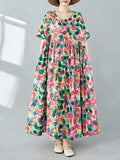 Momentlover Split-Joint Printed Polka-Dot Pleated Loose Half Sleeves Round-Neck Midi Dresses
