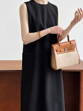 Momentlover Zipper Split-Back Solid Color Pockets Sleeveless Loose Round-Neck Midi Dresses
