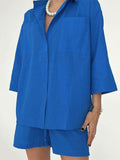Momentlover Split-Joint Solid Color High-Waisted Elasticity Drawstring Wide Leg Loose Lapel Two Pieces Set