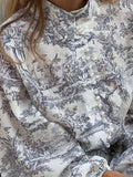 Momentlover Tied Waist Split-Joint Printed Pleated Puff Sleeves Loose Stand Collar Mini Dresses