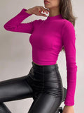 Momentlover Solid Color Skinny Long Sleeves Mock Neck T-Shirts Tops