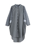 Momentlover Split-Joint Plaid Contrast Color Buttoned Three-Quarter Sleeves Loose Lapel Shirt Dress Midi Dresses