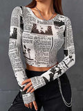 Momentlover Letter Print Skinny Long Sleeves Round-Neck T-Shirts Tops