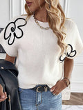 Momentlover Knitted Flower Short Sleeves Loose Round-Neck Sweater Tops Pullovers