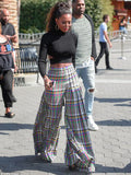 momentlover Stylish Selection Wide Leg Loose Pleated Checkered Casual Pants Bottoms