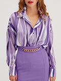 Momentlover Striped Contrast Color Loose Long Sleeves Lapel Blouses