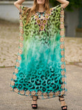 Momentlover Split-side Printed Leopard Short Sleeves Loose V-neck Maxi Dresses Beach Cover-Up