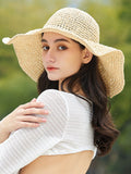 Momentlover Woven Wide Side Solid Color Hollow Sun-Protection Hats&Caps
