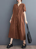 Momentlover Solid Color Pockets Buttoned Short Sleeves Loose V-Neck Midi Dresses