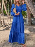 Momentlover Split-Joint Solid Color Elasticity Puff Sleeves Loose V-Neck Maxi Dresses
