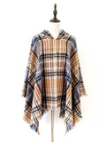 Momentlover Plaid Keep Warm Hooded Fringed Shawl&Cloak Cape