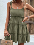Momentlover A-Line High Waisted Backless Jacquard Solid Color Split-Joint Tied U-Neck Mini Dresses Slip Dress