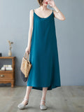 Momentlover Solid Color Sleeveless Loose Spaghetti-Neck Midi Dresses