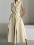 momentlover Sleeveless Solid Color Lapel Midi Dresses