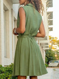 Momentlover Tied Waist Pockets Buttoned Sleeveless Plus Size Lapel Mini Dresses
