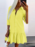 Momentlover Split-Joint Solid Color Pleated Buttoned Loose Long Sleeves Lapel Shirt Dress Mini Dresses