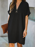 Momentlover Solid Color Short Sleeves Loose V-Neck Mini Dresses