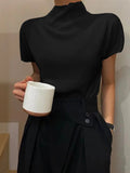 Momentlover Loose Short Sleeves Solid Color Halter-Neck T-Shirts Tops