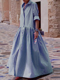 Momentlover Long Sleeves Loose Buttoned Plaid Pleated Split-Joint Lapel Maxi Dresses
