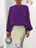 Momentlover Long Sleeves Loose Hollow Solid Color Round-Neck Blouses&Shirts Tops