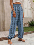 High Waisted Loose Drawstring Elasticity Pleated Printed Knickerbockers Pants Trousers