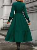 Momentlover Solid Color Pleated Elasticity Loose Long Sleeves V-Neck Midi Dresses