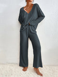 Momentlover V-Neck Long Sleeves Loose Solid Color Shirt Top + Pants Bottom Pajama Sets