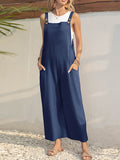 Momentlover Solid Color Wide Leg Loose Square-Neck Overalls