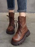 Momentlover Vintage Cow Leather Mid Heels Height Boots