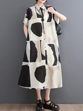 Momentlover Printed Color-Block Short Sleeves Oversize Lapel Shirt Dress Midi Dresses