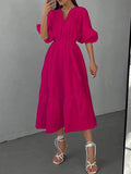 Momentlover Solid Color Pleated Elasticity Loose High Waisted V-Neck Midi Dresses