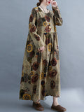 Momentlover Artistic Retro Loose Long Sleeves Printed Round-Neck Maxi Dresses