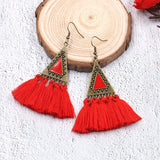 National wool tassel long earrings