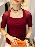 Momentlover Simple Solid Color Square-Neck Half Sleeves Shirt