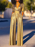 Momentlover High Waisted Three-Quarter Sleeves Shiny Solid Color Deep V-Neck Jumpsuits Bottoms