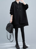 Momentlover Split-side Solid Color Pockets Drawstring Buttoned Raglan Sleeve Loose Hooded Hoodies Tops