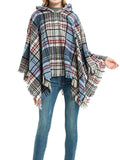 Momentlover Plaid Keep Warm Hooded Fringed Shawl&Cloak Cape
