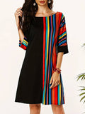 Momentlover Striped Contrast Color Asymmetric Plus Size Loose Round-neck Mini Dresses