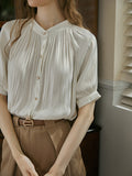 Momentlover Pleated Buttoned Short Sleeves Puff Sleeves Round-neck Blouses&shirts Tops