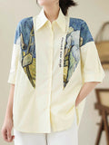 Momentlover Printed Loose Half Sleeves Lapel Blouses&shirts Tops