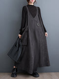 Momentlover Solid Color Pockets Buttoned Asymmetric Adjustable Sleeveless Loose Spaghetti-Neck Midi Dresses