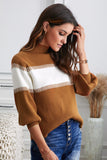 Momentlover Color Block High Neck Lantern Sleeve Pullover Sweater