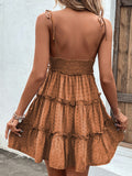 Momentlover A-Line High Waisted Backless Jacquard Solid Color Split-Joint Tied U-Neck Mini Dresses Slip Dress