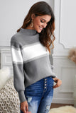 Momentlover Color Block High Neck Lantern Sleeve Pullover Sweater