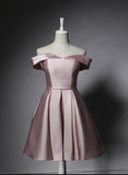 lemongor Light Pink Homecoming Dress, Off Shoulder Satin Short Party Dress with Belt, Prom Dress