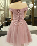 lemongor Dark Pink Tulle Off Shoulder Short Formal Dress, Bridesmaid Dresses for Pink Weddings, Pink Party Dress