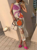 Momentlover Split-Back Flower Print Sleeveless High Waisted Mock Neck Maxi Dresses